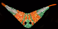 Diplocaulus: (Skull) resin replica of 
						a Diplocaulus; an amphibian from the Permian period. (Feathers) Rooster The piece is covered with tumbled and polished Carnelian and Malachite stones (Size) Approximately 18 ½ x 9 inches